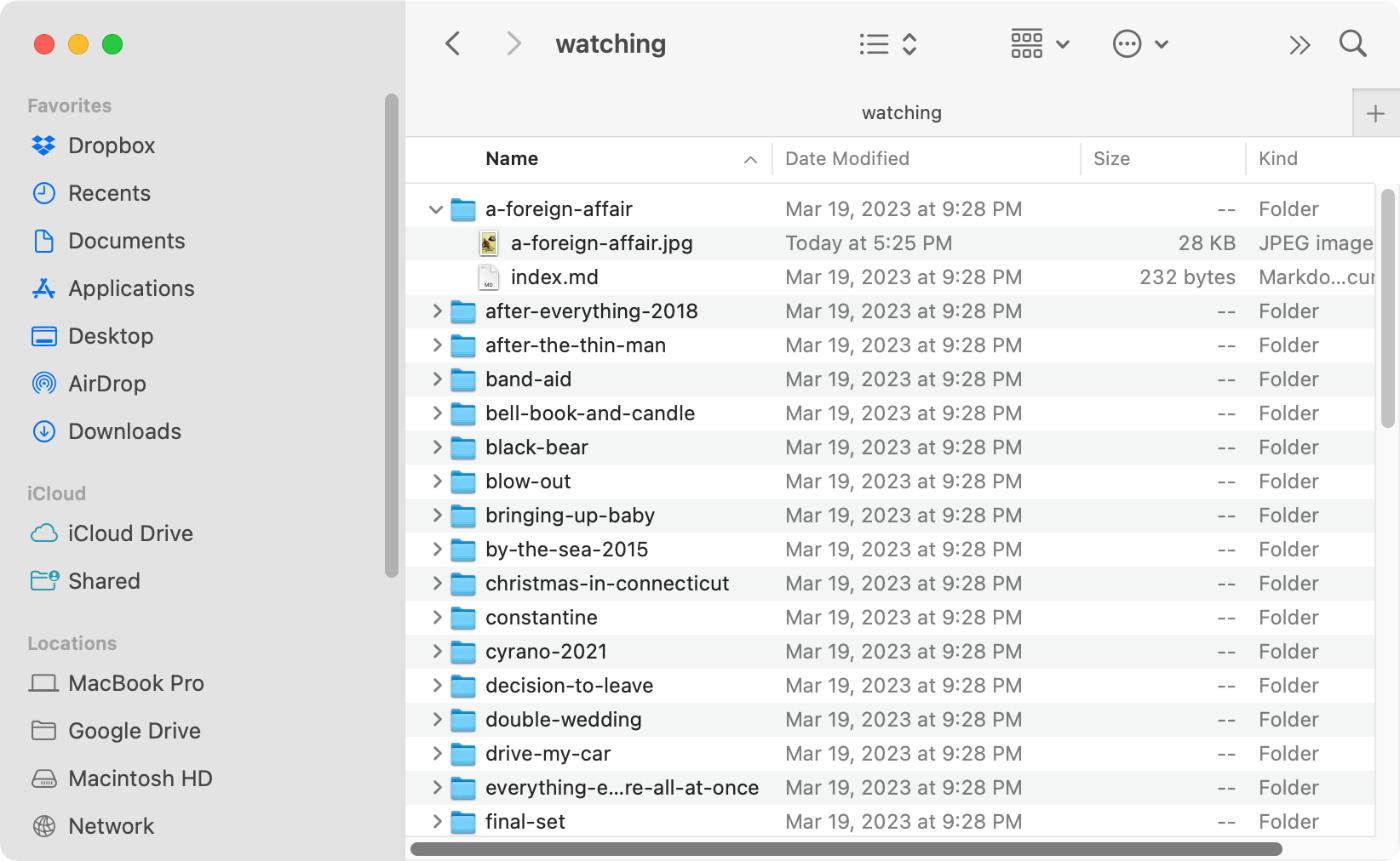 A folder filled with subfolders of film information